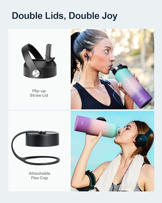 BUZIO 40oz Insulated Water Bottle, Stainless Steel Double Wall Water Flask (Cold for 48 Hrs) Leak Proof Sports Bottles Jug with Straw Lid and Flex Cap Metal Canteen for Gym Travel Camping, Hydrangea