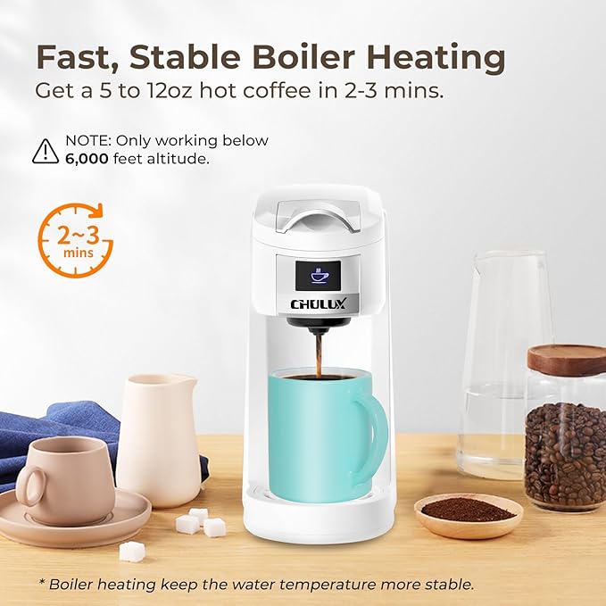 CHULUX Classic Single Serve Coffee Maker for K Cup, One Button Easy Coffee Machine for Office, RV, Travel and Dorm, White