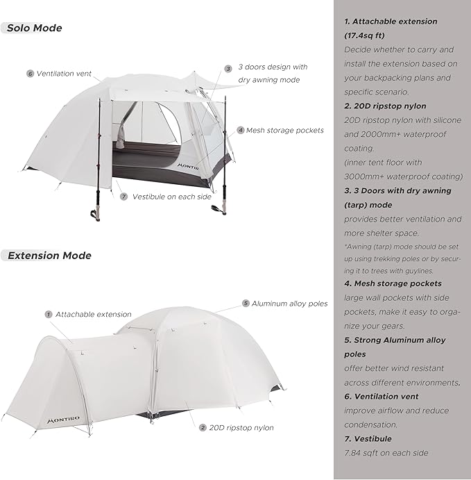 Triphyr Backpacking Tent with F-Nexus Extension 2-Person Combo, Attachable Extension Shelter, Lightweight 2 Person Tent for Backpacking Camping Hiking & Biking