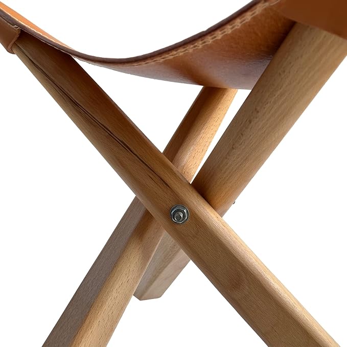 Leather Stool, Portable Beech Wood Artist Folding Stool, Italian Top Vegetable Tanned Leather Seat, Home Fashion Genuine Leather Director’s Stool for Home Outdoor Camping Fishing (Three Leg)