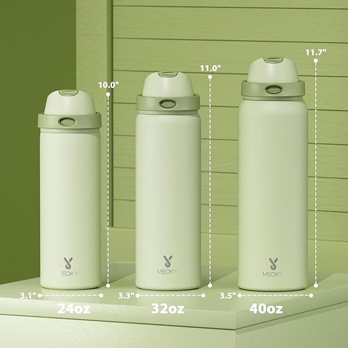 32 oz Insulated Water Bottle with Straw: Meoky Stainless Steel Metal Water Bottle with 2-in-1 Lid - Leak Proof, Cold for 24 Hours, Protective Silicone Base, BPA-Free for Sports Gym, Sage