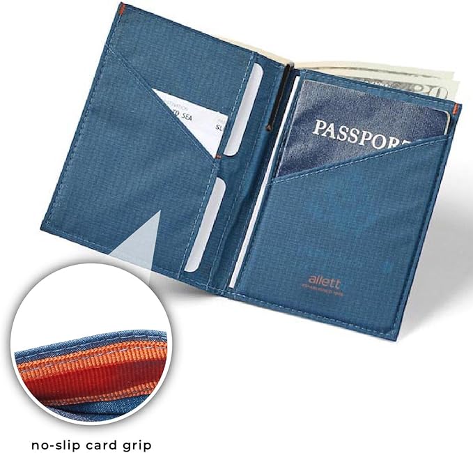 Allett Travel Wallet, Indigo Blue | Nylon, Thin Bifold, RFID Blocking, Minimalistic, Front Pocket | Holds Up To 10 Cards & Passport | For Men & Women