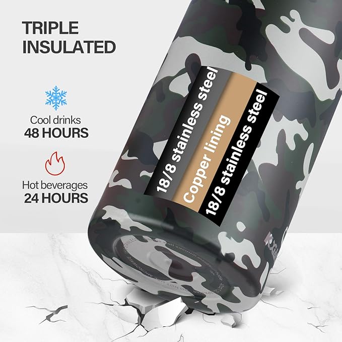 KXIAOCHEN Insulated Water Bottle, Stainless Steel Water Bottle, 2 Lids (Straw and Handle Lid),Wide Mouth Metal Water Bottles Keep Hot and Cold, Double Walled, Thermo Mug, Metal Canteen