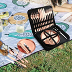 Picnic Tableware Set Camping Flatware Copper/Rose Gold Silverware and Plates Kit for 4 Portable Utensils Stainless Steel Dishes Spoons Forks Knives Bottle Opener Food Tongs