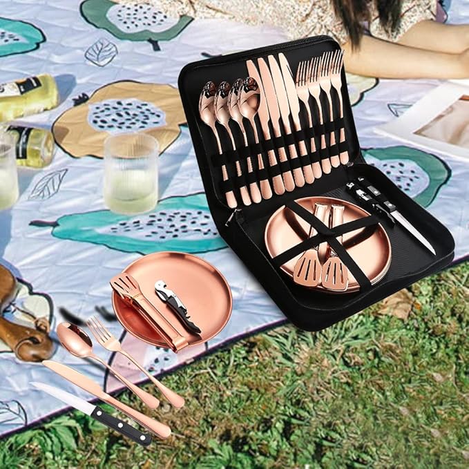 Picnic Tableware Set Camping Flatware Copper/Rose Gold Silverware and Plates Kit for 4 Portable Utensils Stainless Steel Dishes Spoons Forks Knives Bottle Opener Food Tongs