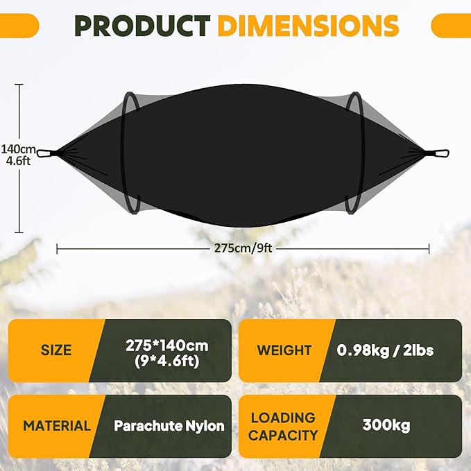 Chihee Ultra-Light Travel Camping Hammock Pop-up Net Hammock 660lbs Load Capacity,Breathable,Quick-Drying Parachute Nylon 2 Premium Carabiners,2 Tree Slings Included for Outdoor Backpacking Hiking