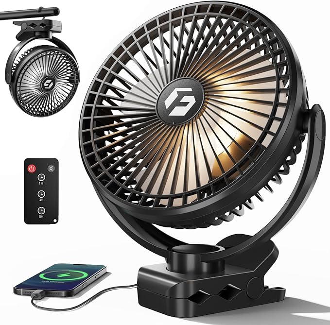 FRIZCOL 12000mAh 8 Inch Portable Clip On Fan Rechargeable, Battery Operated Desk Fan, Camping Fans with lights and Remote, USB Fans Sturdy Clamp for Golf Cart Desk Office Stroller Bedroom Tent