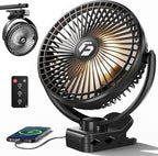 FRIZCOL 12000mAh 8 Inch Portable Clip On Fan Rechargeable, Battery Operated Desk Fan, Camping Fans with lights and Remote, USB Fans Sturdy Clamp for Golf Cart Desk Office Stroller Bedroom Tent