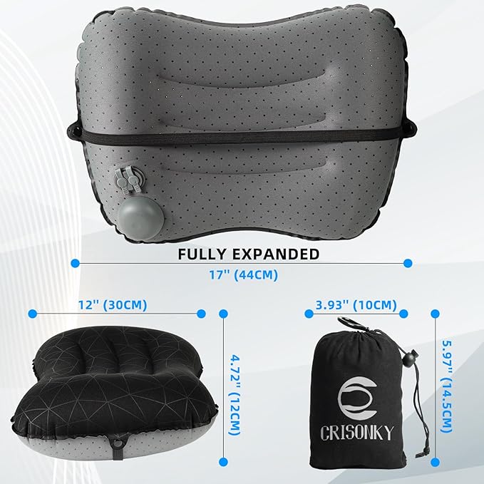 Camping Pillow with Built-in Pump - Inflatable Pillows - Travel Pillows for Backpacking & Airplane, Lumbar Support Blow Up & Press to Inflate Pillow, Compressible, Comfortable Pillow(Black w/Pump)