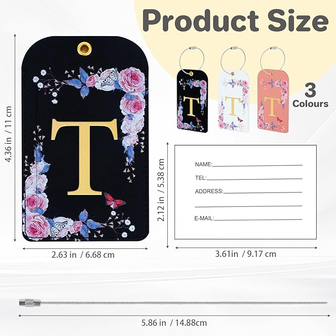 3 Pack Luxury Floral Luggage Tags, Durable PU Leather Suitcase Tags with Stainless Steel Cable Strap, Hidden ID Slot for Privacy Protection, Easy to Identify Waterproof Travel Accessories Gift (T)