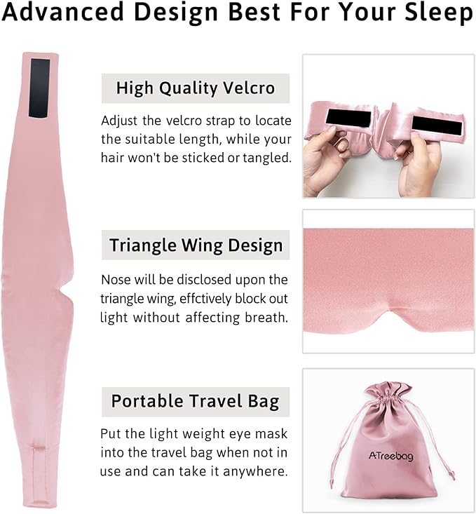 Silk Sleep Mask for Women Men, Mulberry Silk Eye Sleeping Mask & Blindfold with Adjustable Velcro Strap, Blackout Eye Cover for Sleep Travel Yoga Nap, Large Size, Light Plum