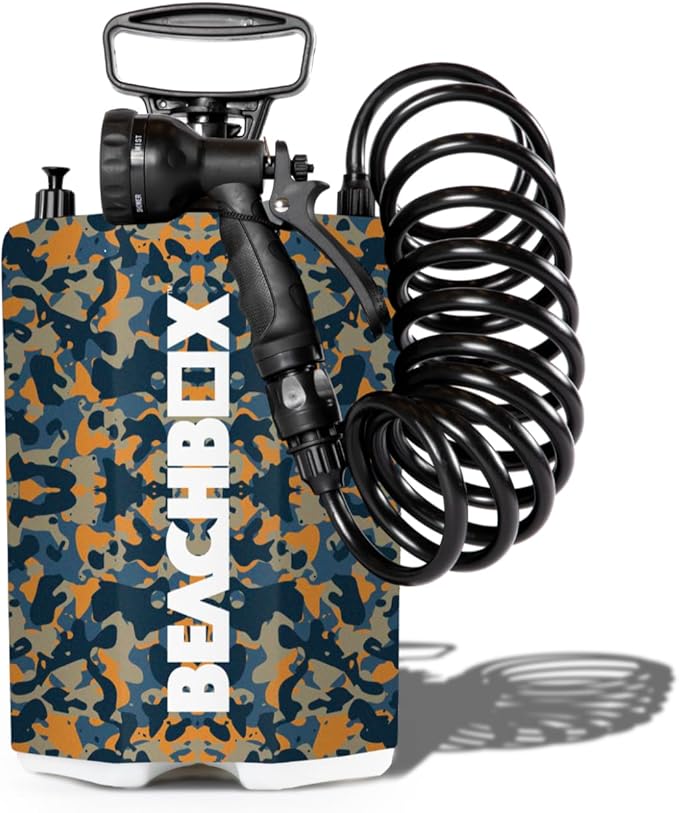 BeachBox Portable Shower Tank – Insulated Hot & Cold Water Tank for Camping, Beach, & Outdoor Adventures – 1.3 Gal Capacity – Multi-Spray Shower Gun – Easy Fill & Carry