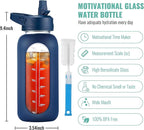 CIVAGO 32 oz Glass Water Bottle with Straw and Handle, Large Sports Motivational Water Bottle Flask with Time Marker and 2 Lids, Leakproof Water Jug Canteen with Silicone Sleeve for Gym,Navy