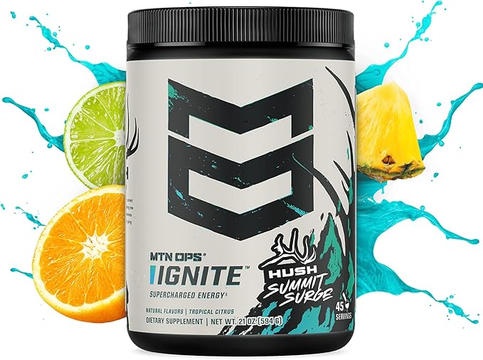 MTN OPS Ignite Energy Drink Powder, Gluten Free Nootropic Supplement Drink Mix, L Arginine, L Citrulline, Caffeine & Nootropic Sugar Free Drink Mix, 45 Servings, Hush Summit Surge
