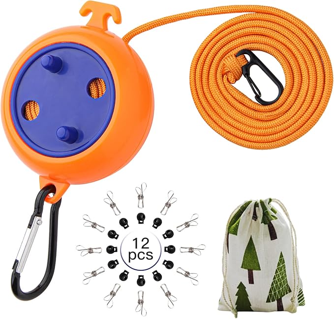 Portable Travel Clothesline Cord, Caudblor Adjustable 33ft Camping Clothes line, Laundry Drying Rope for Hotel Trip, Cruise, Outdoor/Indoor, with 12Pcs Stoppers, Windproof Clothespins