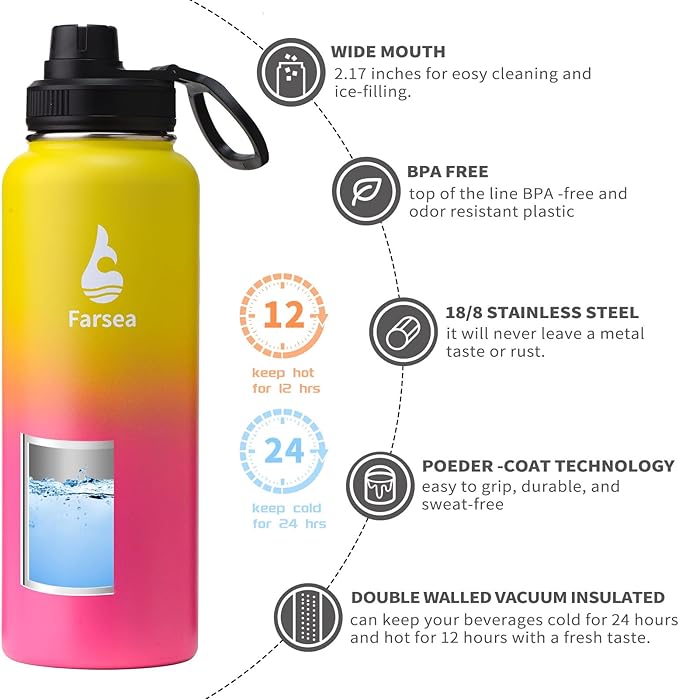 Farsea Insulated Water Bottle With Paracord Handle, Protective Boot and 2 Lids (Straw Lid & Spout Lid), Stainless Steel Water Bottle Wide Mouth, Double Wall Sweat-Proof BPA-Free, 40 oz