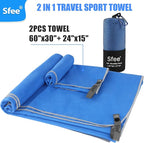 Sfee 2 Pack Microfiber Travel Towel, Quick Dry Beach CampingTowel Super Absorbent Compact Lightweight Sport Gym Towels for Beach, Gym, Hiking, Pool, Backpacking, Bath, Yoga
