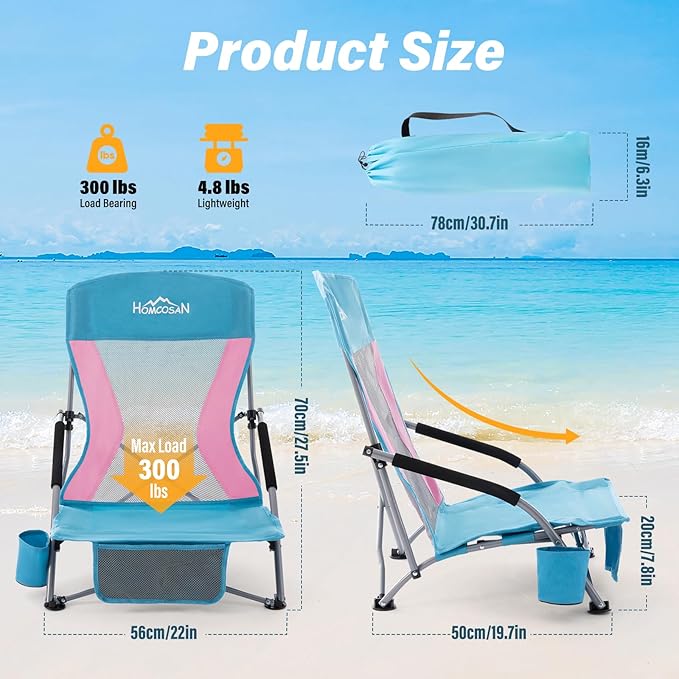 Homcosan Portable Low Folding Beach Chairs Set of 2 - Lightweight Camping Chairs for Adults with Cup Holder & Storage Pockets, Carry Bag Included (Blue & Pink)