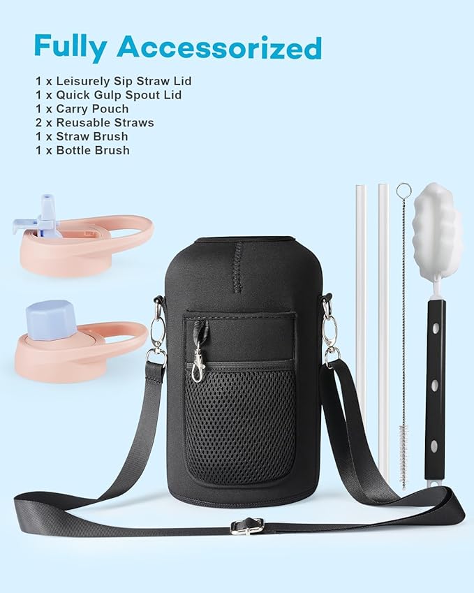 64 oz Insulated Water Bottle with Straw and Lid, Half Gallon Stainless Steel Cup with Handle,Leakproof Metal Travel Jug Flask Mug Tumbler Cup With Carry Pouch and Brush,Keep Cold & Hot,Blue