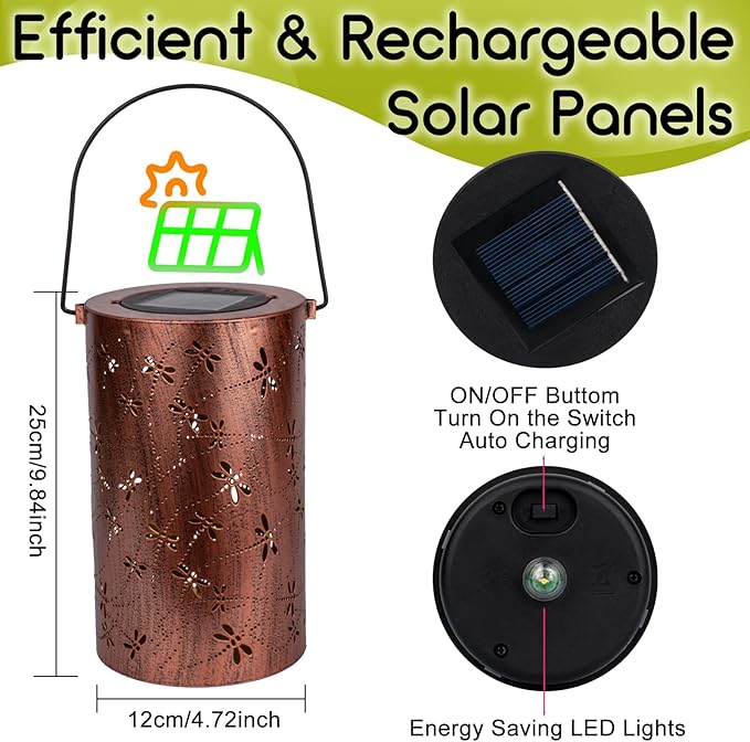 Boho Solar Lanterns Outdoor 2 Pack - Birthday Gifts for Women Mom Grandma Metal Hanging Solar Powered Unique Garden Decorative LED Lights for Outside Yard Patio(Dragonfly 2 Pack)