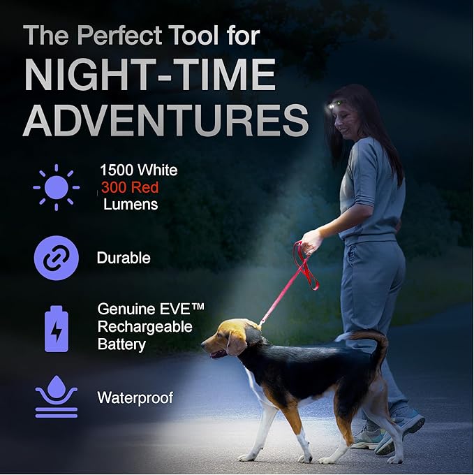 K-Bern Red & White Rechargeable Headlamp, 1500 Lumens, UL Approved 3500 mAh Battery, Ultra Bright Head Lights Waterproof, Lightweight, Aluminum, Perfect for Work, Dog Walking & Camping