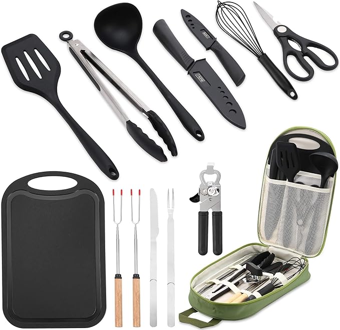 Camping Essentials Cookware Cooking Utensils Set - Portable Camp Kitchen Mess Kit Outdoor Accessories, Stainless Steel & Silicone, Camping Gear Equipment for RV Picnic Grill