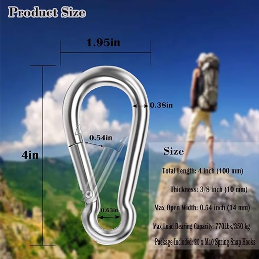 Carabiner 4 Inch Spring Snap Hook, 770LBS Holding Capacity Spring Clips Link Buckle for Hammock, Heavy Duty Steel Carabiner Clip 20pcs M10 3/8'' for Hammock Swing Fitness Camping Hiking
