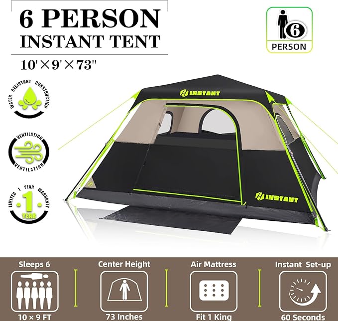 4/6/8 Person Instant Tent, Waterproof Pop Up Tents for Camping with Rainfly, 60 Seconds Easy Setup, Automatic Cabin Tent for Family Camping with Expandable Carry Bag & Upgraded Ventilation