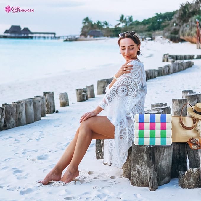 Casa Copenhagen Cabana Towel 4Pcs Green,Teal,Blue,Pink Designer Stripe Beach Towels Gift Set, 30"x60" Oversized 100%Cotton Pool Bath Towel for Beach Gift Set (Perfect Summer Gift Set For Women & Men)