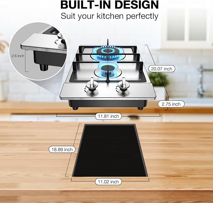 Gas Cooktop 2 Burner Propane Cooktop, Stainless Steel Propane Stove 12 inch, Bulit-in Gas Stove Top with Thermocouple Protection, Lpg/Ng Dual Fuel Drop-in Stove for Apartments, Outdoor, Rvs