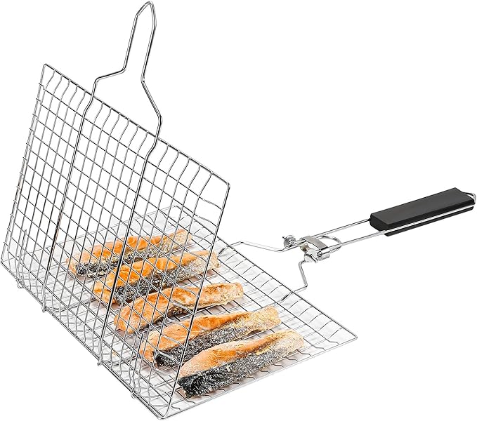 Shallow Grill Basket Fish Grill Basket, Fish Grilling Basket BBQ Fish Grill Baskets for Outdoor Grill,Grill Basket with Removable Handle. Perfect for Grilling Fish Fillets