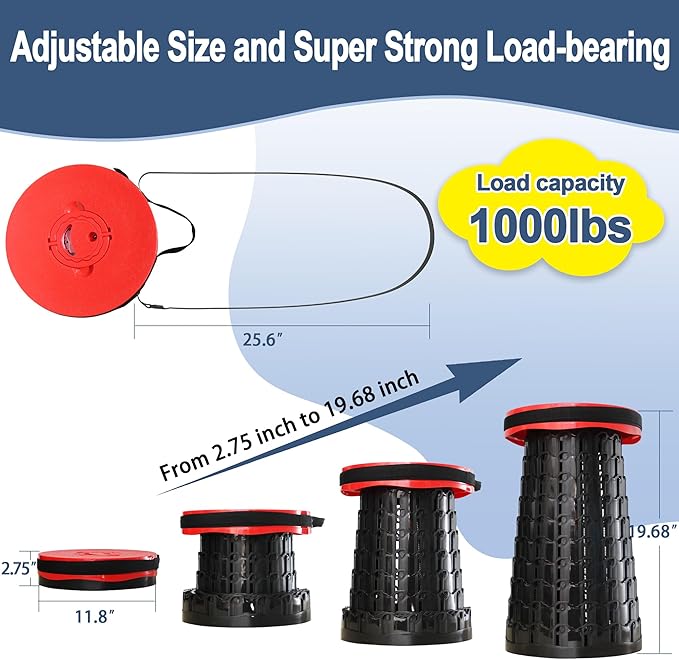 ALEVMOOM 2025 Upgraded XXL 19.7" Collapsible Stool with Cushion, 1000lbs Max Weight Heavy Duty Portable Telescoping Stool, Retractable Seat Folding Chair for Camping Fishing Hiking(Red-XXL)