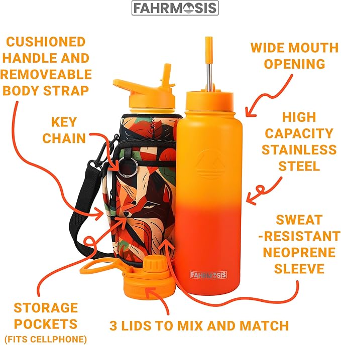 40 Oz Water Bottle with Strap Stainless Steel Sports Water Bottle with 3 Lids (Straw, Chug and Flip Lid) Insulated Leak Proof Metal Jug for Men & Women - Orange Fusion (Pattern)
