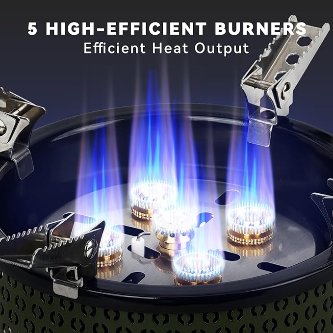 ONLYFIRE Portable Camping Gas Stove with Storage Bag & Foldable Brackets, 5 Burners Camp Stove 3 Fuels Adapters, Propane Stove for Outdoor Cooking Picnic Camping Backpacking Hiking, Green GS344