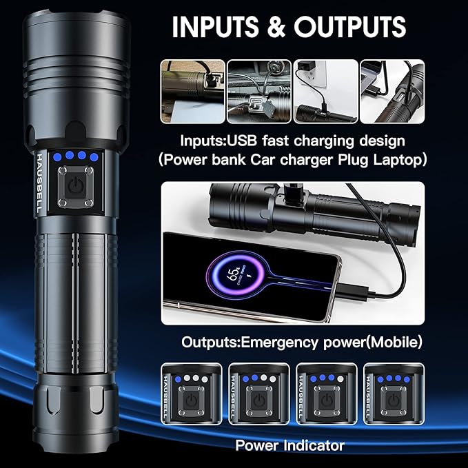 HAUSBELL A100 Upgraded LED Flashlights 20000 High Lumens, Zoomable Bright Flashlight with 5 Modes, Long Range 2000ft, Waterproof Powerful Tactical Flash Light for Emergency, Camping Gear, Hiking