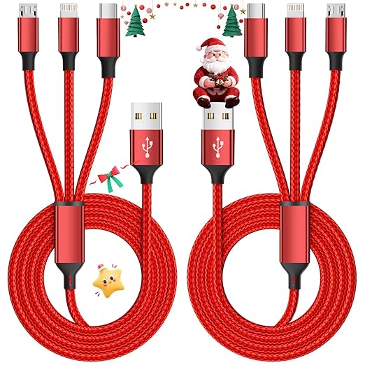 Multi Charging Cable, (2 Pack 4FT) Multi USB Charger Cable 3 in 1 Charging Nylon Braided Charging Cord with Type-C, Micro USB, IP Port for Most Phones/iPhones/Tablets, Red