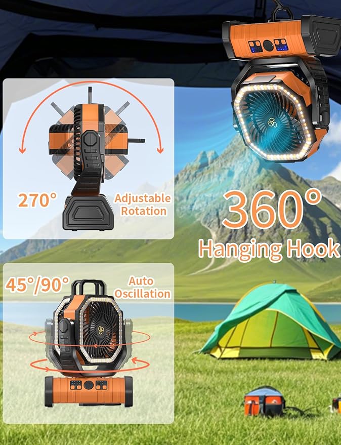 Battery Operated Fan Portable Battery Powered Camping Tent Fan with LED Lantern Light 20000mAh Rechargeable, Oscillating, 360° Rotating Hanging Hook, Cordless for Desk, Travel(Orange)