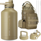 OneTigris Tactical Half Gallon Water Bottle with Straw - 64 oz Vacuum Insulated Stainless Steel Water Jug, Leakproof Sport Bottle with 3 BPA Free Lids, Paracord Handle & MOLLE Water Pouch for Outdoor