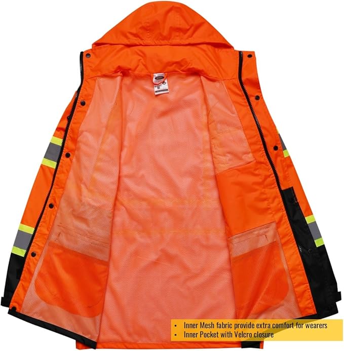 JKSafety Hi-Vis Reflective Safety Rain Jacket for Men Women Waterproof Rain Gears for Farming Fishing Work HV Rain Jacket with Inner Mesh Lining and Pockets (117A-OBlk 3XL)