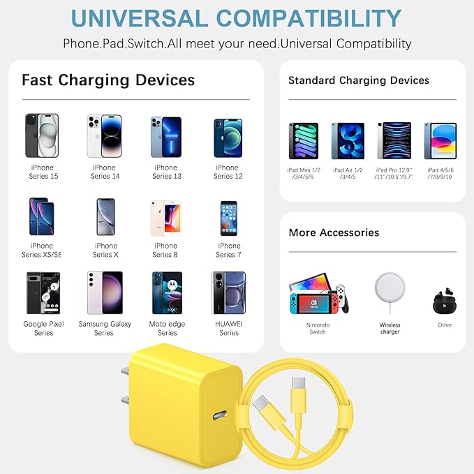 10FT iPhone 17 16 15 Charger Fast Charging USB C Charger Block Type C Chagrer Fast Charging 2-Pack for iPhone 17/17 Plus/17 Pro/17 Pro Max/iPhone 16/16 Plus/16 Pro/16 Pro Max/15/15 Pro Max(Yellow)