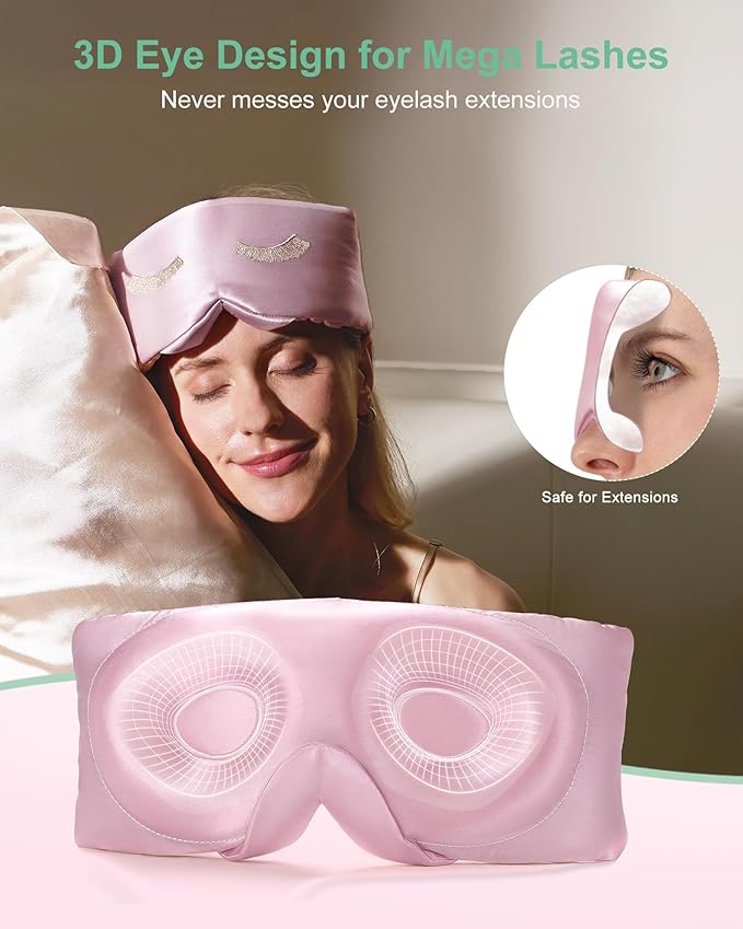 BeeVines 100% Pure Silk 3D Contoured Eye Mask, 22 Momme Mulberry Sleep Mask for Men & Women, Large Size Blindfold for Lash Extensions, Face-Hugging Eye Masks for Sleeping, Travel & Yoga