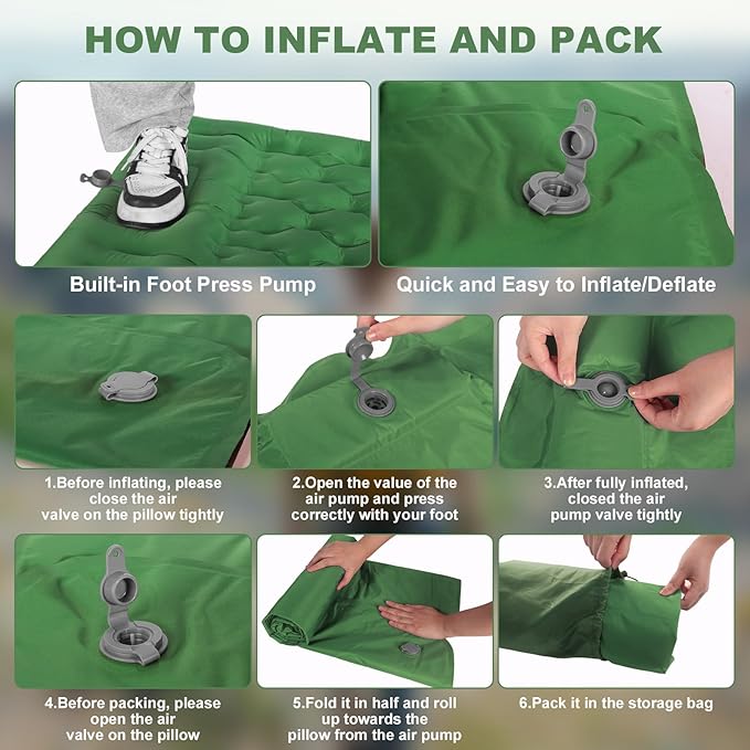 Camping Sleeping Pad with Pillow: Extra Thick 4.7 Inch Ultra-Light Self Inflating Air Mattress, Lightweight Compact Inflatable Sleep Mat for Backpacking, Hiking, Tent (Olive Green)