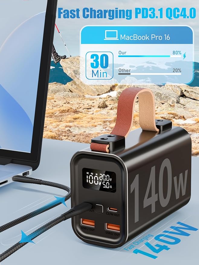 140W Laptop Portable Charger Power Bank 50000mAh(185Wh), Power Station PD 3.1 QC4.0 Fast Charging External Battery Pack Aluminium Alloy with 4 Outputs USB-C LED Light for Outdoor Emergency-Black