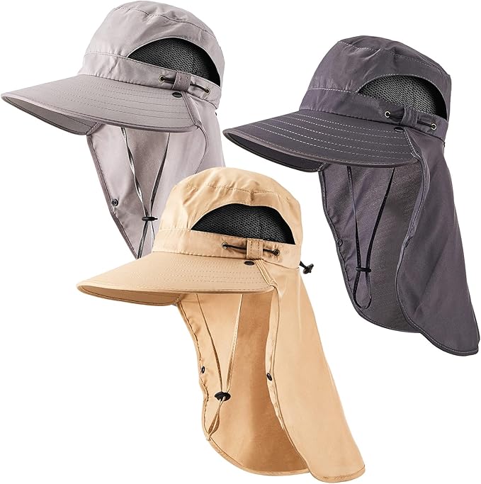 Cuffbow 3 Pcs Sun Hat for Men Women with Neck Flap Breathable Wide Brim Bucket Hat UV Protection UPF 50+ Fishing Hiking