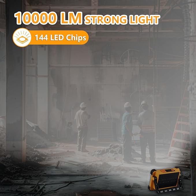 120W Solar Rechargeable Work Light, 144 LED 10000LM Portable Flood Light with Stand, IP66 Waterproof 4 Modes LED Job Site Lighting Flashlights for Mechanic Camping Fishing Car Repair