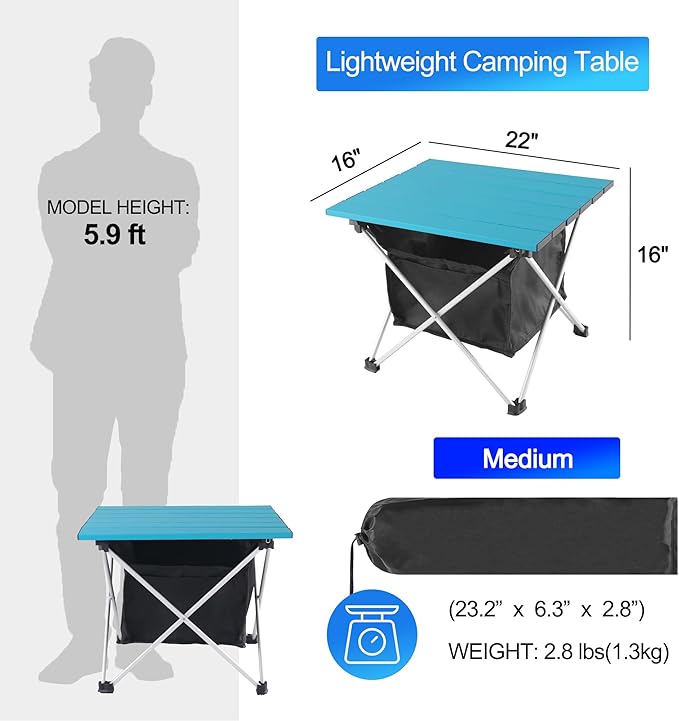 Grope Portable Camping Table Ultralight Aluminum Camp Table with Storage Bag,Beach Table for Sand with Carrying Bag,Prefect for Outdoor,Picnic,BBQ,Cooking,Festival (Blue with Storage Bag-M)