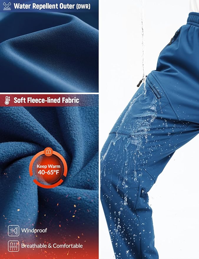 baleaf Men's Fleece Lined Hiking Cargo Pants Softshell Water Resistant Snow Thermal Pants Winter Insulate with Zipper Pocket