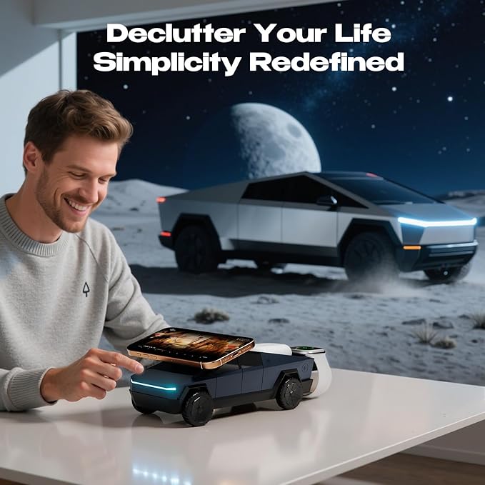CyberDock 3-in-1 Wireless Charging Station for iPhone with Car Model 1:25 Scale, Qi2 Certified Mag-Safe Charger for iPhone iWatch AirPods, Rotating Charger with Ambient Light, 30W Adapter, Deep Blue