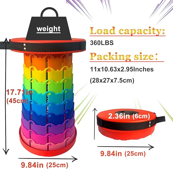 Jakuva Rainbow Travel Camping Stool, Retractable Portable Folding Stool,Collapsible Telescoping Stool with Max Load 360lbs for Adults for Indoor Outdoor Hiking Gardening
