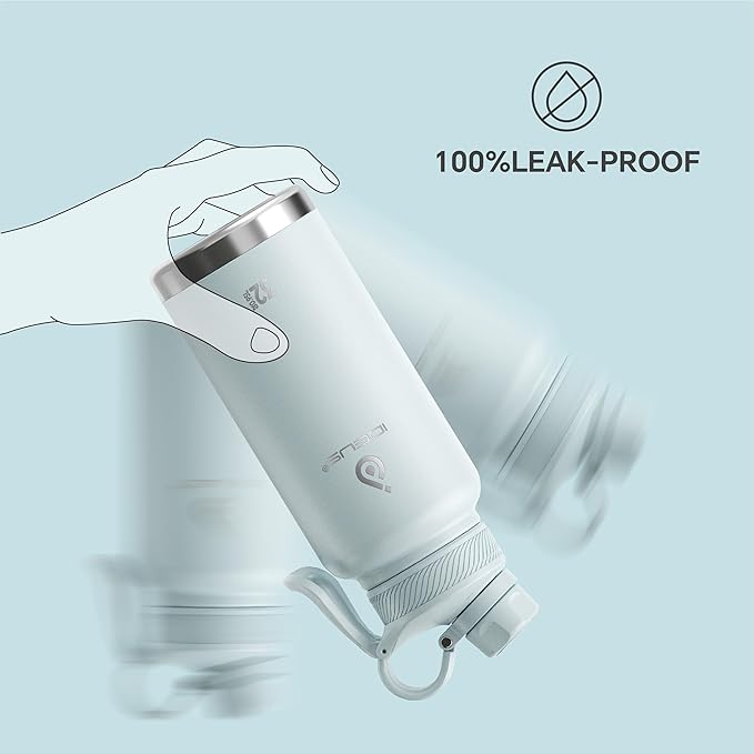 IDEUS Insulated Stainless Steel Water Bottle with 2 Leak-Proof Lids, Thermal Water Flask for Hiking Biking, 32oz, Light Blue